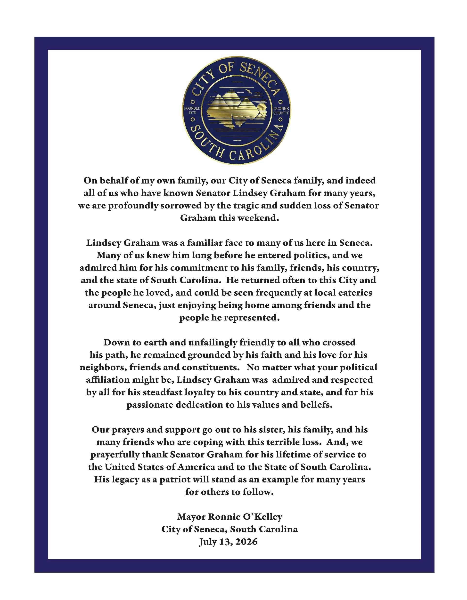 statement-from-mayor-okelley-on-the-passing-of-senator-graham-july-13-2026